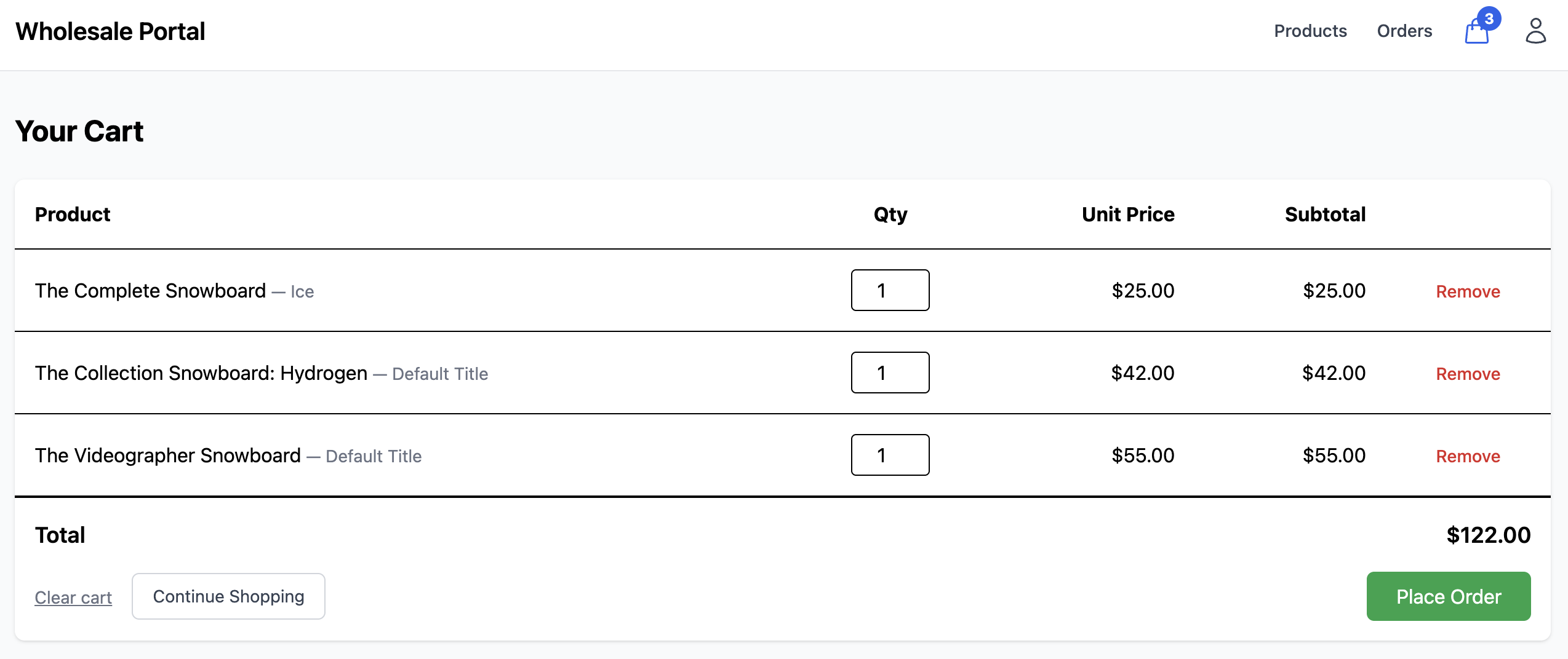 Buyer portal cart with wholesale items and Place Order button