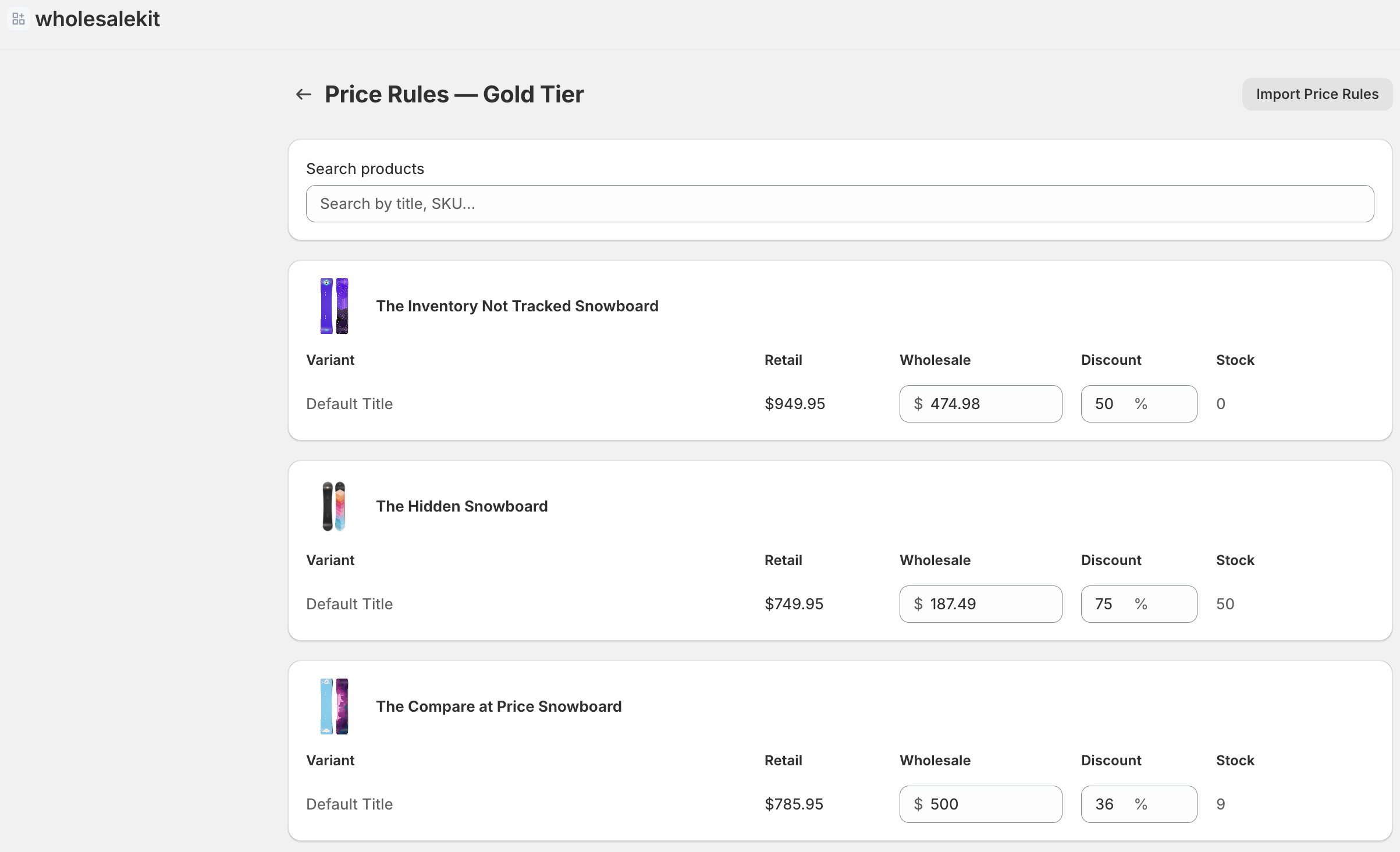 Merchant admin showing wholesale price rules for Gold Tier customer group